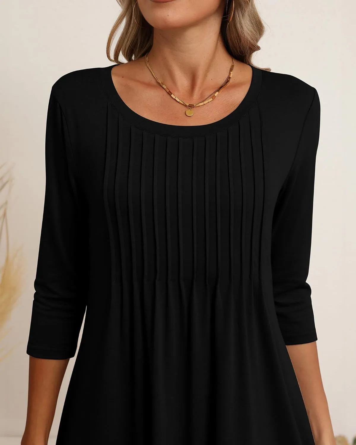 Huukeay Dresses for Women 3/4 Sleeve Crew Neck Casual Tunic Swing 2025 Dress Knee Length Pleated Fitted T Shirt Dress