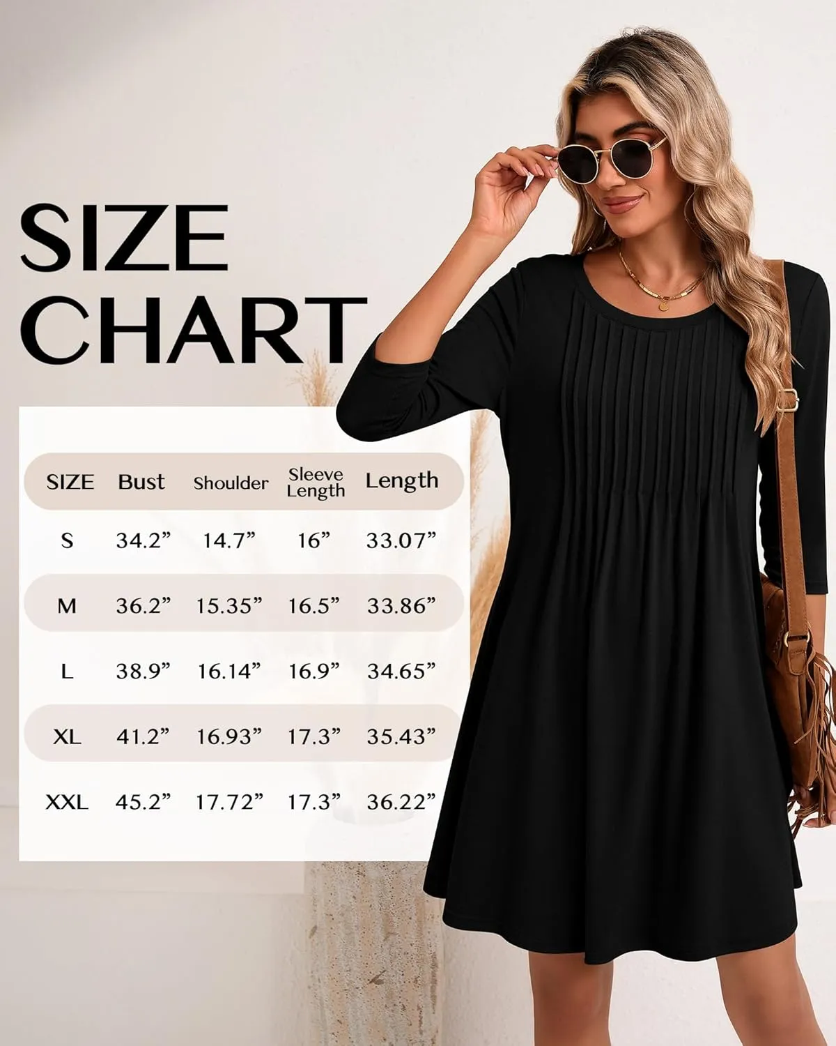 Huukeay Dresses for Women 3/4 Sleeve Crew Neck Casual Tunic Swing 2025 Dress Knee Length Pleated Fitted T Shirt Dress