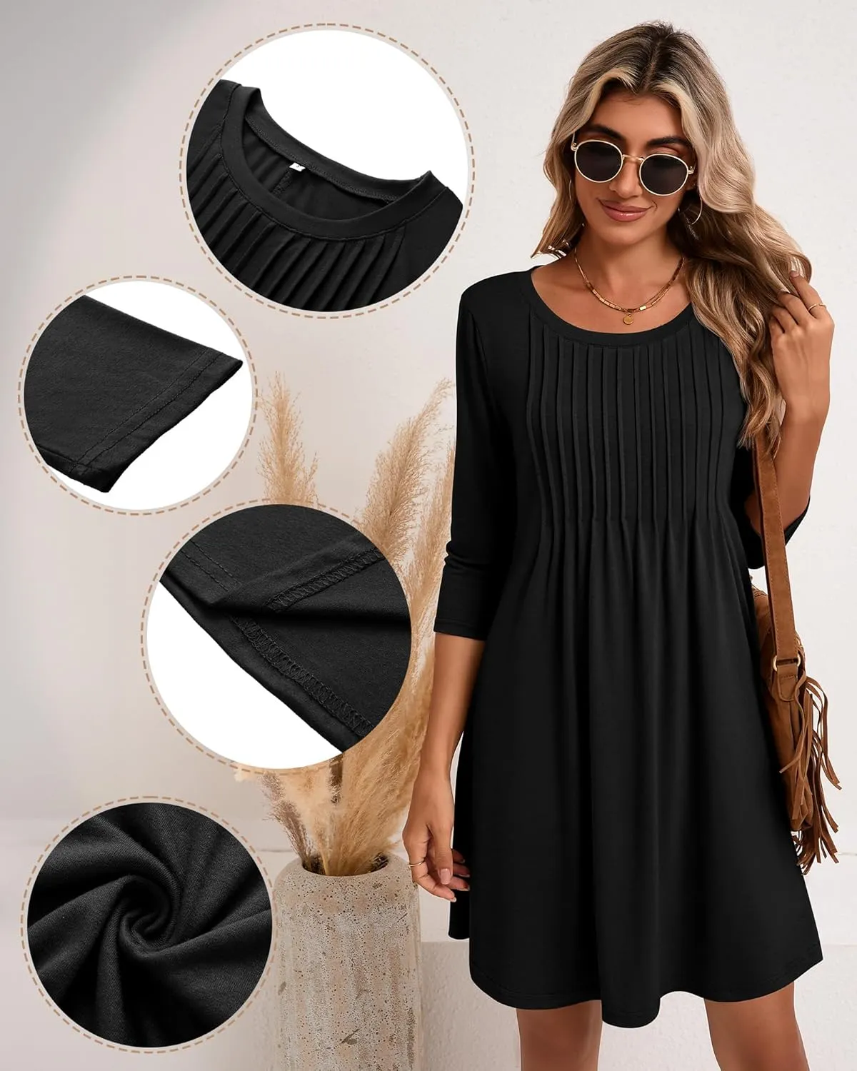 Huukeay Dresses for Women 3/4 Sleeve Crew Neck Casual Tunic Swing 2025 Dress Knee Length Pleated Fitted T Shirt Dress