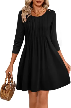 Huukeay Dresses for Women 3/4 Sleeve Crew Neck Casual Tunic Swing 2025 Dress Knee Length Pleated Fitted T Shirt Dress