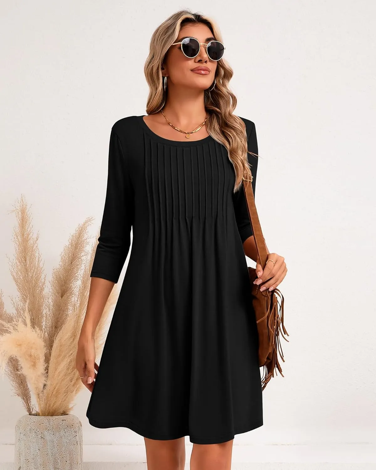 Huukeay Dresses for Women 3/4 Sleeve Crew Neck Casual Tunic Swing 2025 Dress Knee Length Pleated Fitted T Shirt Dress