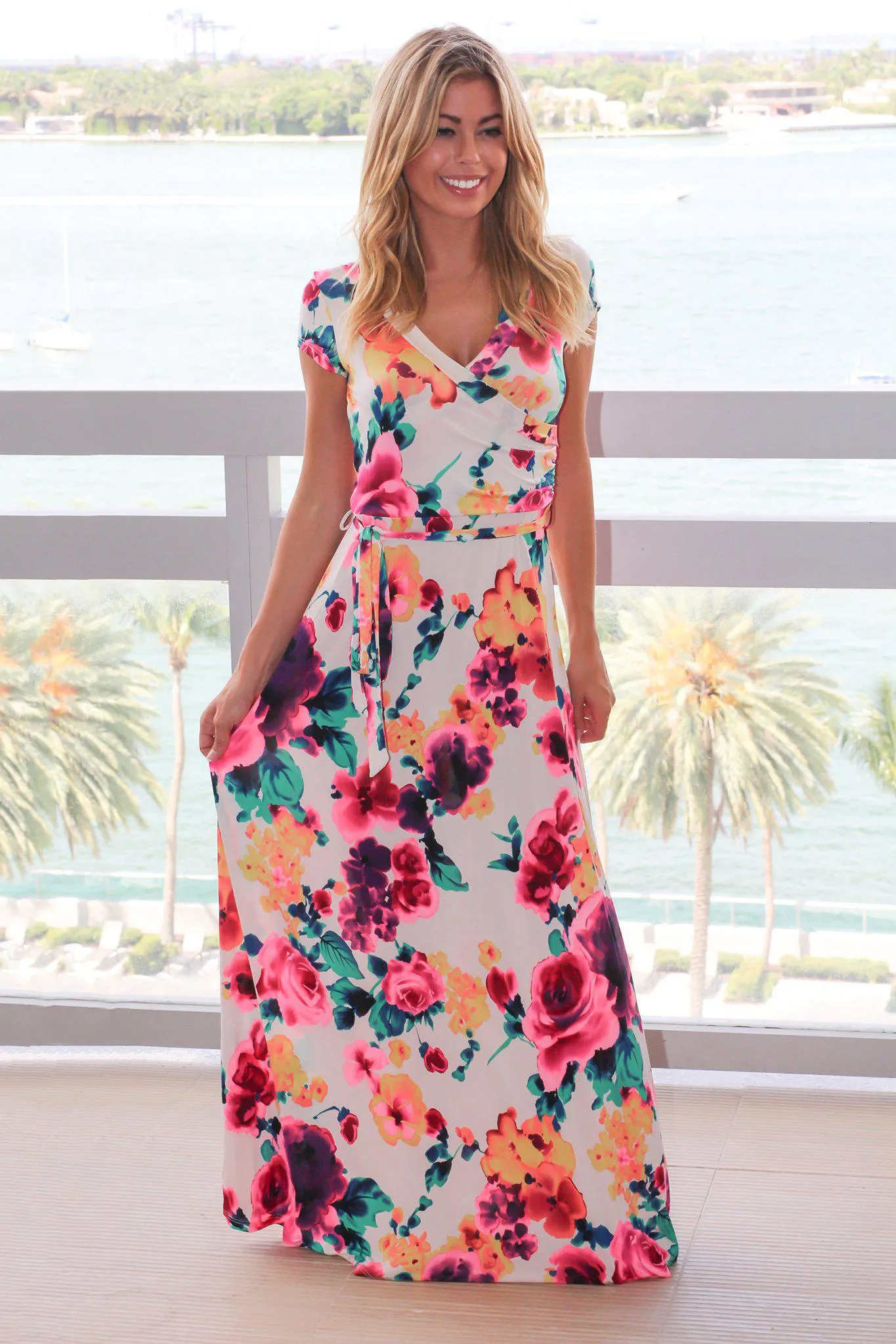 Ivory and Hot Pink Floral Wrap Maxi Dress with Short Sleeves