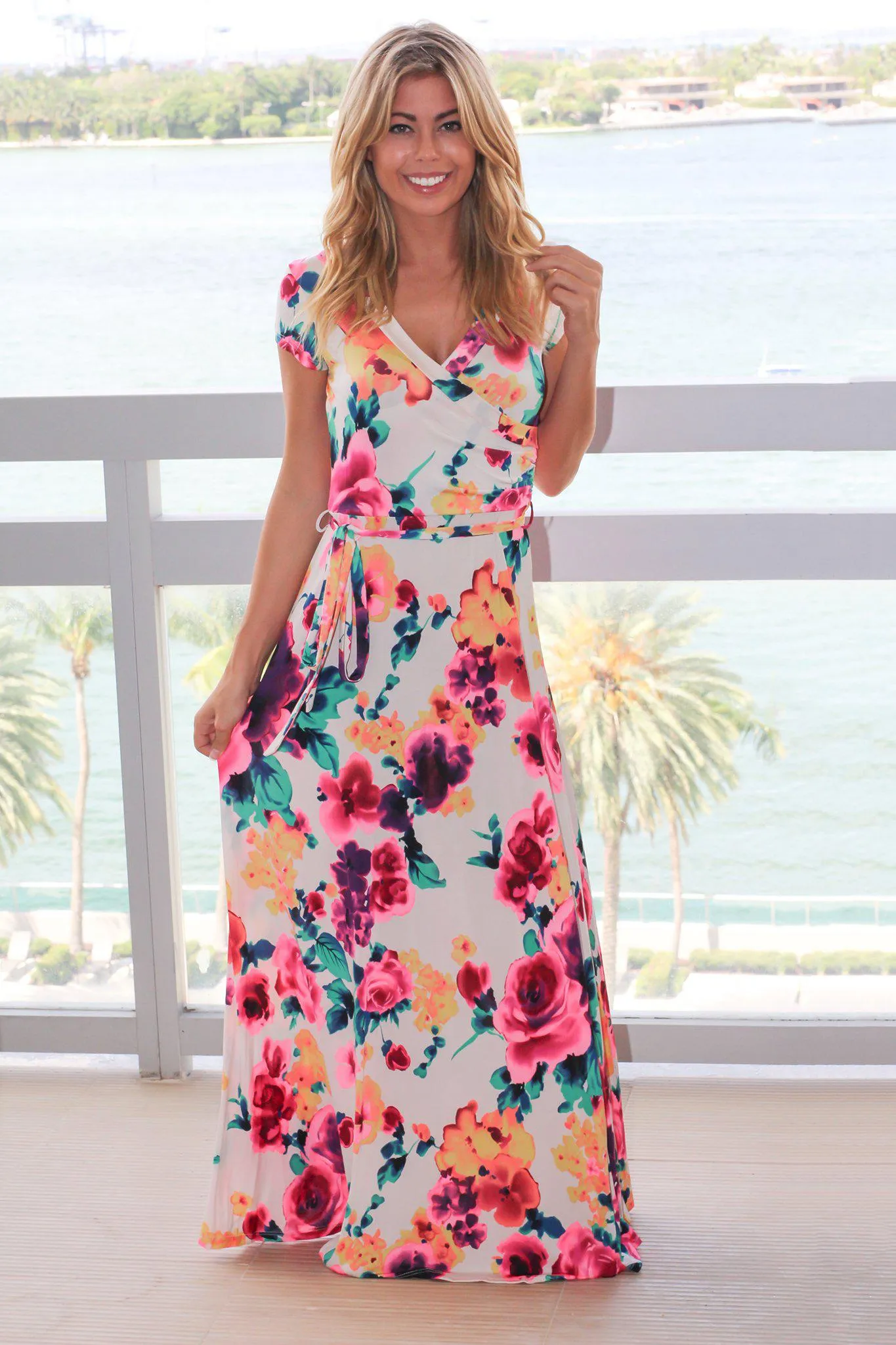 Ivory and Hot Pink Floral Wrap Maxi Dress with Short Sleeves