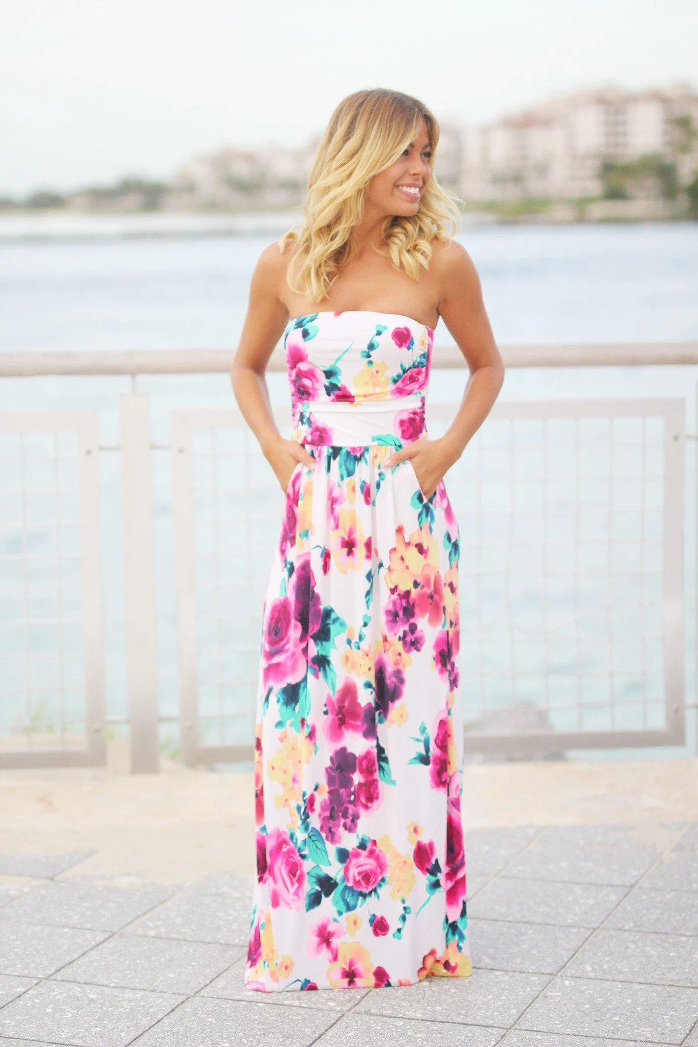 Ivory Floral Sleeveless Maxi Dress with Pockets