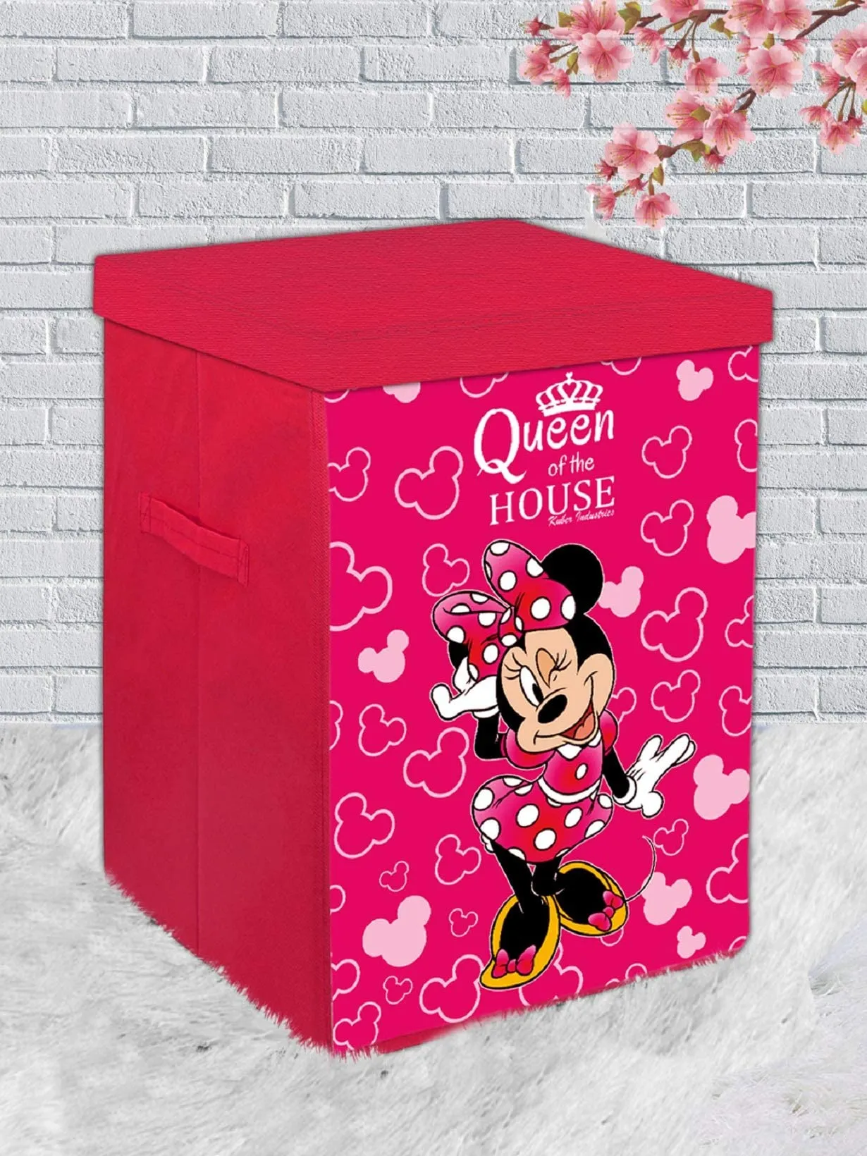Kuber Industries Disney Minnie Print Non Woven Fabric Foldable Laundry Basket|Toy Storage Basket|Cloth Storage Basket With Lid & Handles (Pink)-KUBMART16284