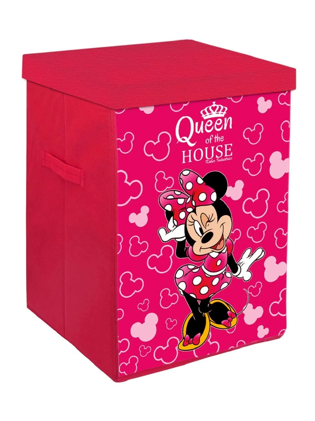 Kuber Industries Disney Minnie Print Non Woven Fabric Foldable Laundry Basket|Toy Storage Basket|Cloth Storage Basket With Lid & Handles (Pink)-KUBMART16284