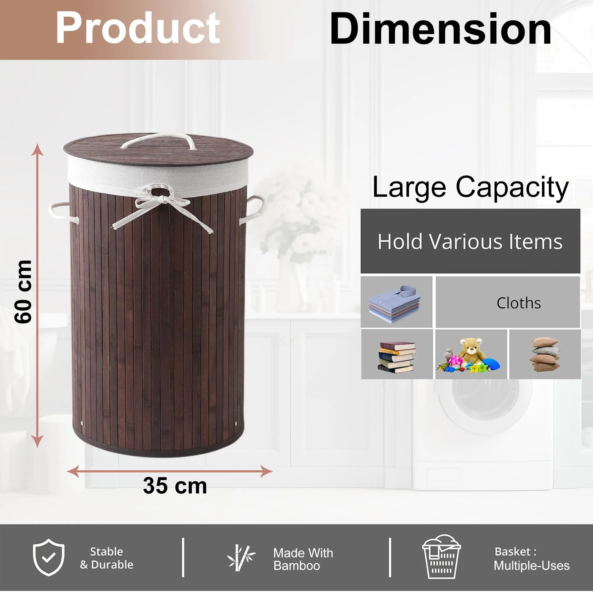 Kuber Industries Pack of 6 Round Bamboo Laundry Basket For Clothes With Lid | 73 Ltr Used/Washing Clothes Bag & Laundry Box - Dark Brown