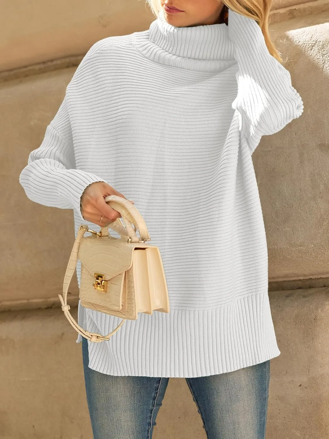 LILLUSORY Women's Oversized Turtleneck Sweaters Fall Batwing Sleeve Ribbed Tunic Sweater
