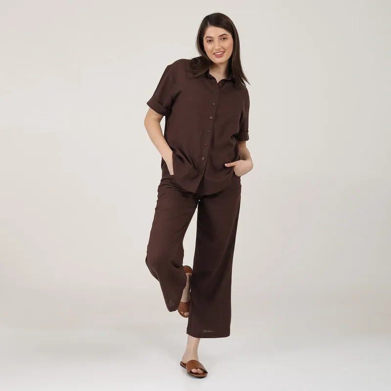 Linen Co Ord Set for Women | Coffee Brown | Shirt & Pant Set
