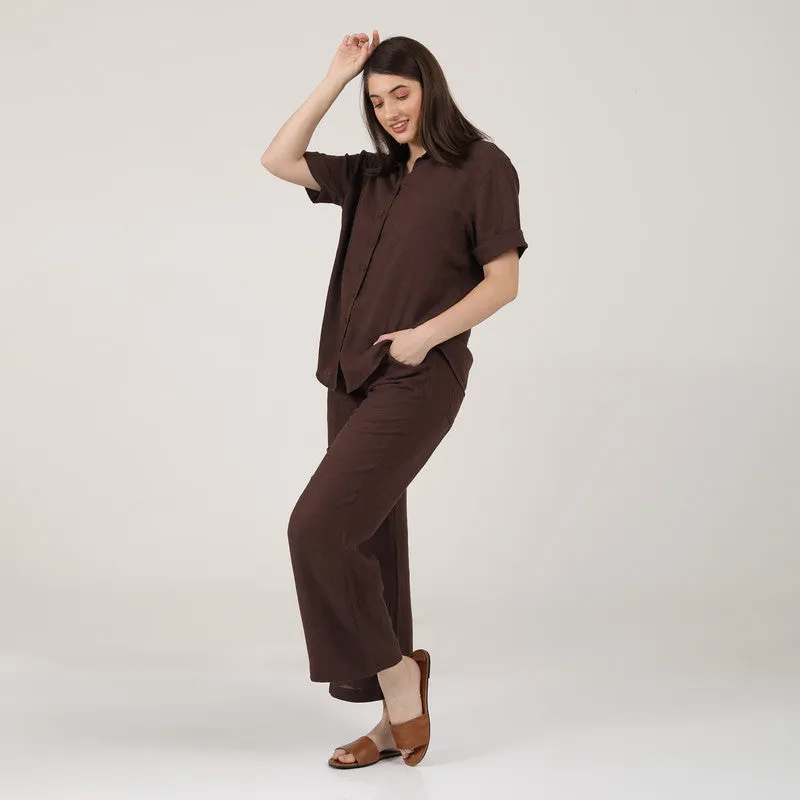 Linen Co Ord Set for Women | Coffee Brown | Shirt & Pant Set
