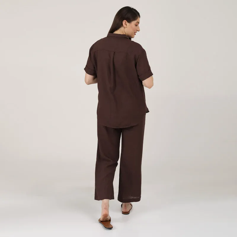 Linen Co Ord Set for Women | Coffee Brown | Shirt & Pant Set