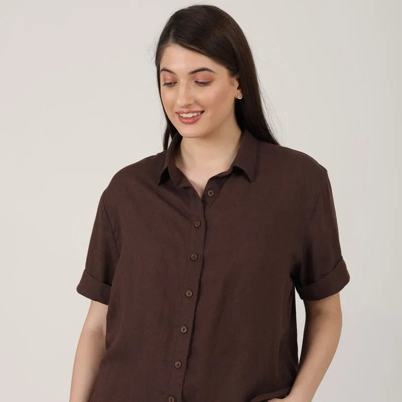 Linen Co Ord Set for Women | Coffee Brown | Shirt & Pant Set