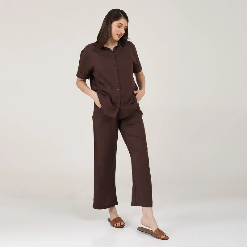 Linen Co Ord Set for Women | Coffee Brown | Shirt & Pant Set