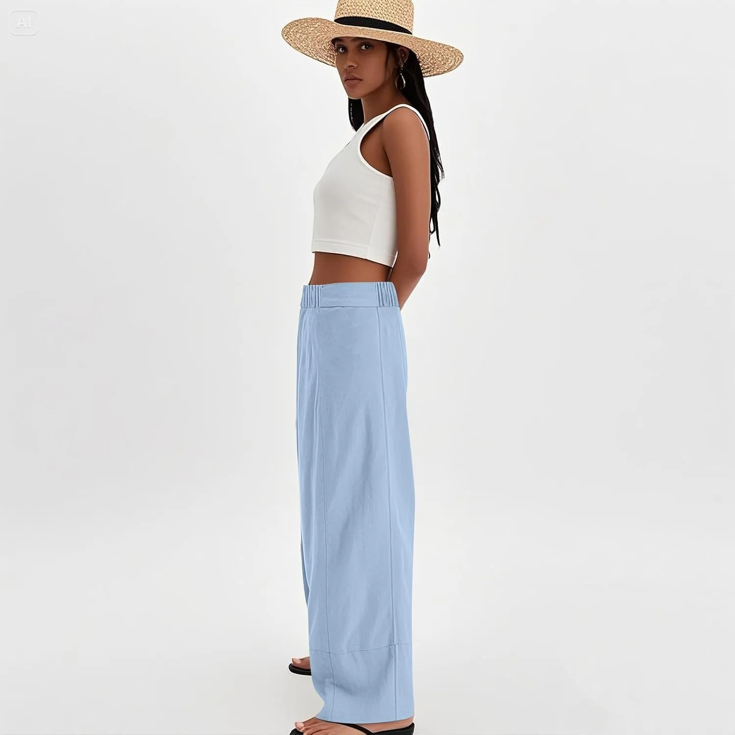 Linen Pants Women Summer Wide Leg Casual Palazzo Elastic Waist Beach Pants Loose Lounge Trousers with Pockets