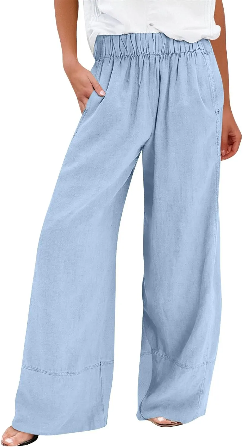 Linen Pants Women Summer Wide Leg Casual Palazzo Elastic Waist Beach Pants Loose Lounge Trousers with Pockets