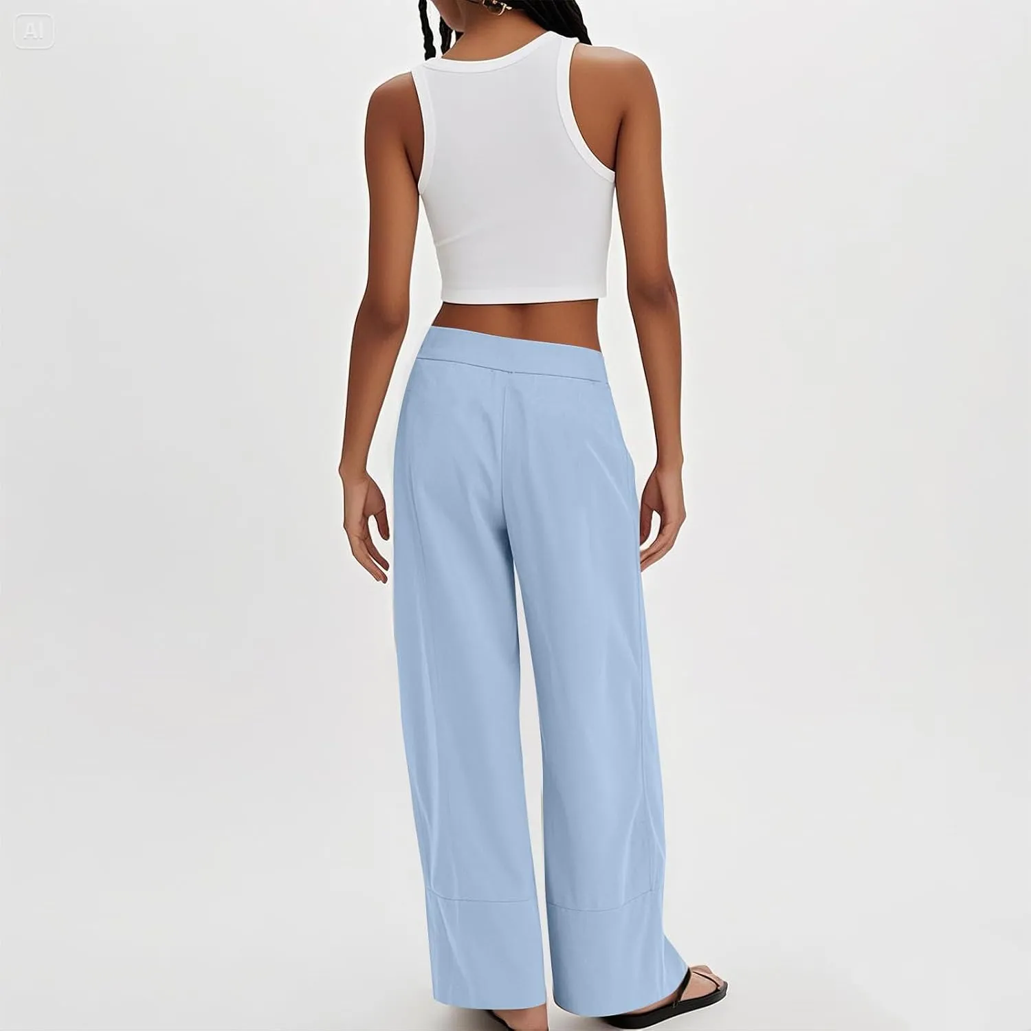 Linen Pants Women Summer Wide Leg Casual Palazzo Elastic Waist Beach Pants Loose Lounge Trousers with Pockets