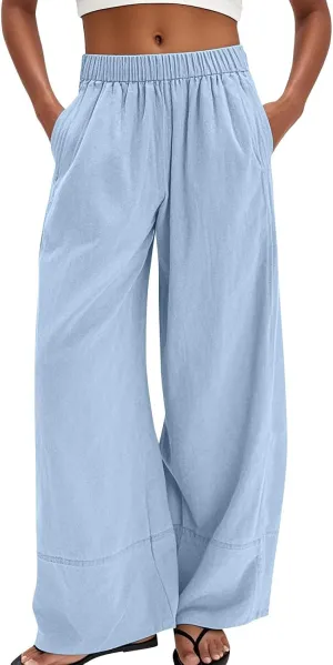 Linen Pants Women Summer Wide Leg Casual Palazzo Elastic Waist Beach Pants Loose Lounge Trousers with Pockets