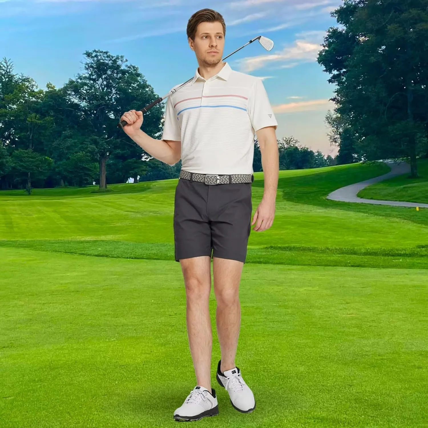 M MAELREG Golf Shirts for Men Short Sleeve Regular Fit Moisture Wicking Performance Casual Striped Print Mens Polo Shirts