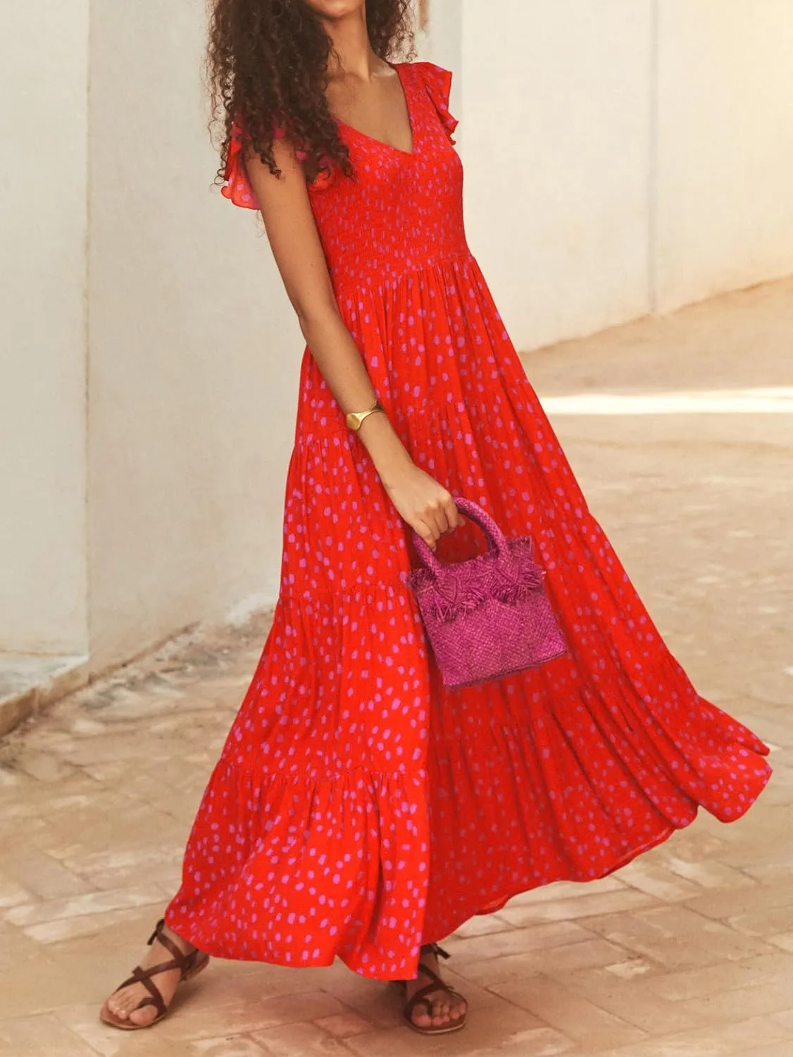 MASCOMODA Women Summer Floral Maxi Dresses 2025 Smocked V Neck Cap Short Sleeve Ruffle Boho Beach Wedding Flowy Long Sundress