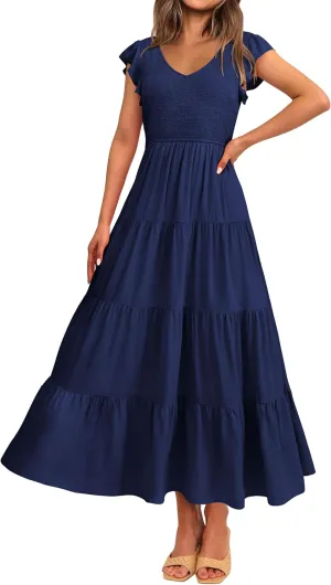 MASCOMODA Women Summer Floral Maxi Dresses 2025 Smocked V Neck Cap Short Sleeve Ruffle Boho Beach Wedding Flowy Long Sundress