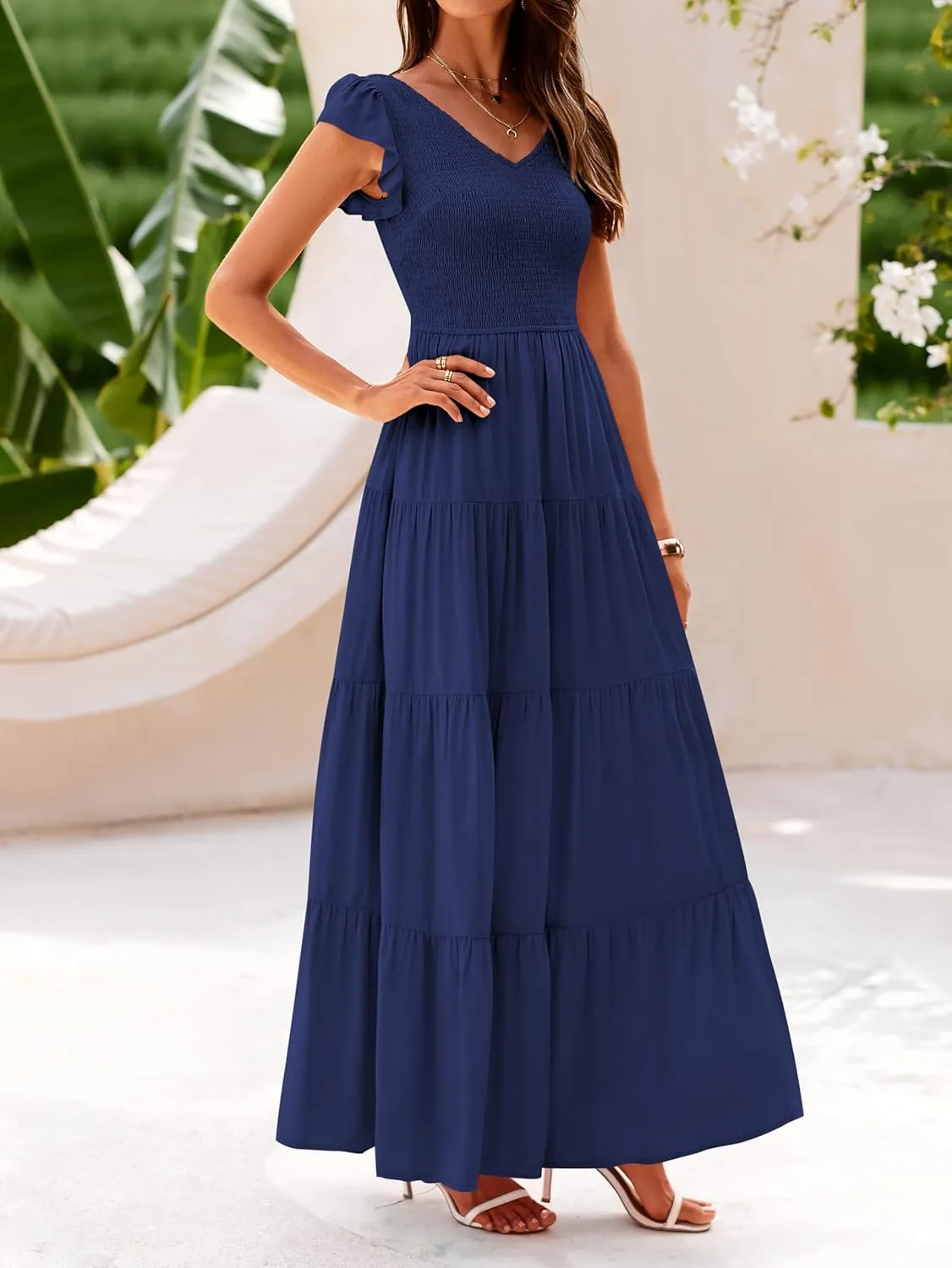 MASCOMODA Women Summer Floral Maxi Dresses 2025 Smocked V Neck Cap Short Sleeve Ruffle Boho Beach Wedding Flowy Long Sundress