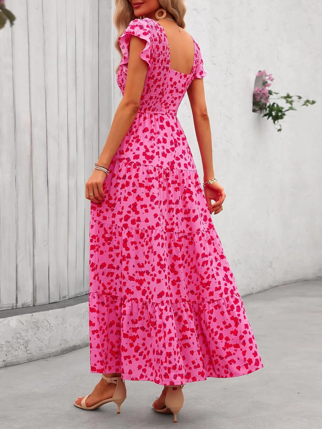 MASCOMODA Women Summer Floral Maxi Dresses 2025 Smocked V Neck Cap Short Sleeve Ruffle Boho Beach Wedding Flowy Long Sundress