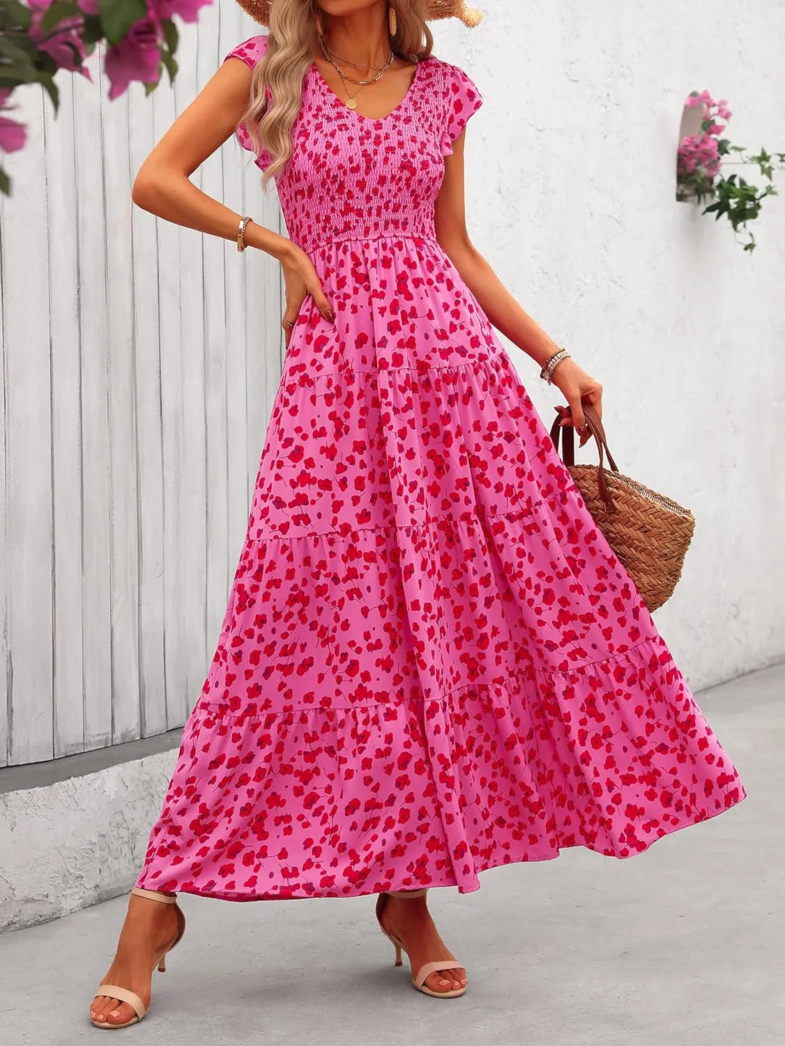 MASCOMODA Women Summer Floral Maxi Dresses 2025 Smocked V Neck Cap Short Sleeve Ruffle Boho Beach Wedding Flowy Long Sundress