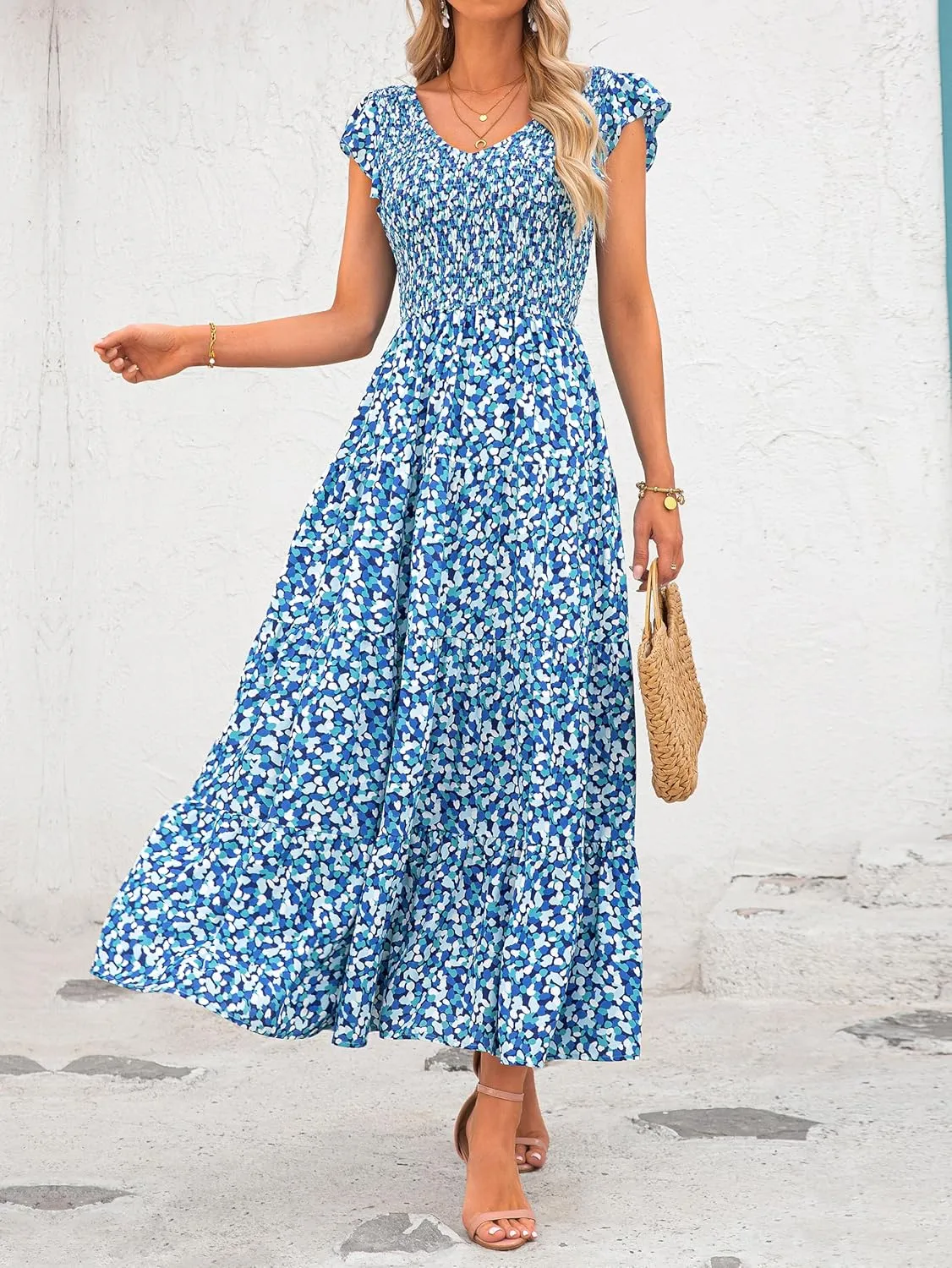 MASCOMODA Women Summer Floral Maxi Dresses 2025 Smocked V Neck Cap Short Sleeve Ruffle Boho Beach Wedding Flowy Long Sundress