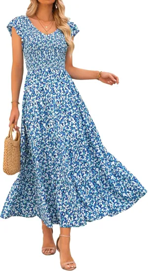 MASCOMODA Women Summer Floral Maxi Dresses 2025 Smocked V Neck Cap Short Sleeve Ruffle Boho Beach Wedding Flowy Long Sundress
