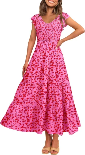 MASCOMODA Women Summer Floral Maxi Dresses 2025 Smocked V Neck Cap Short Sleeve Ruffle Boho Beach Wedding Flowy Long Sundress