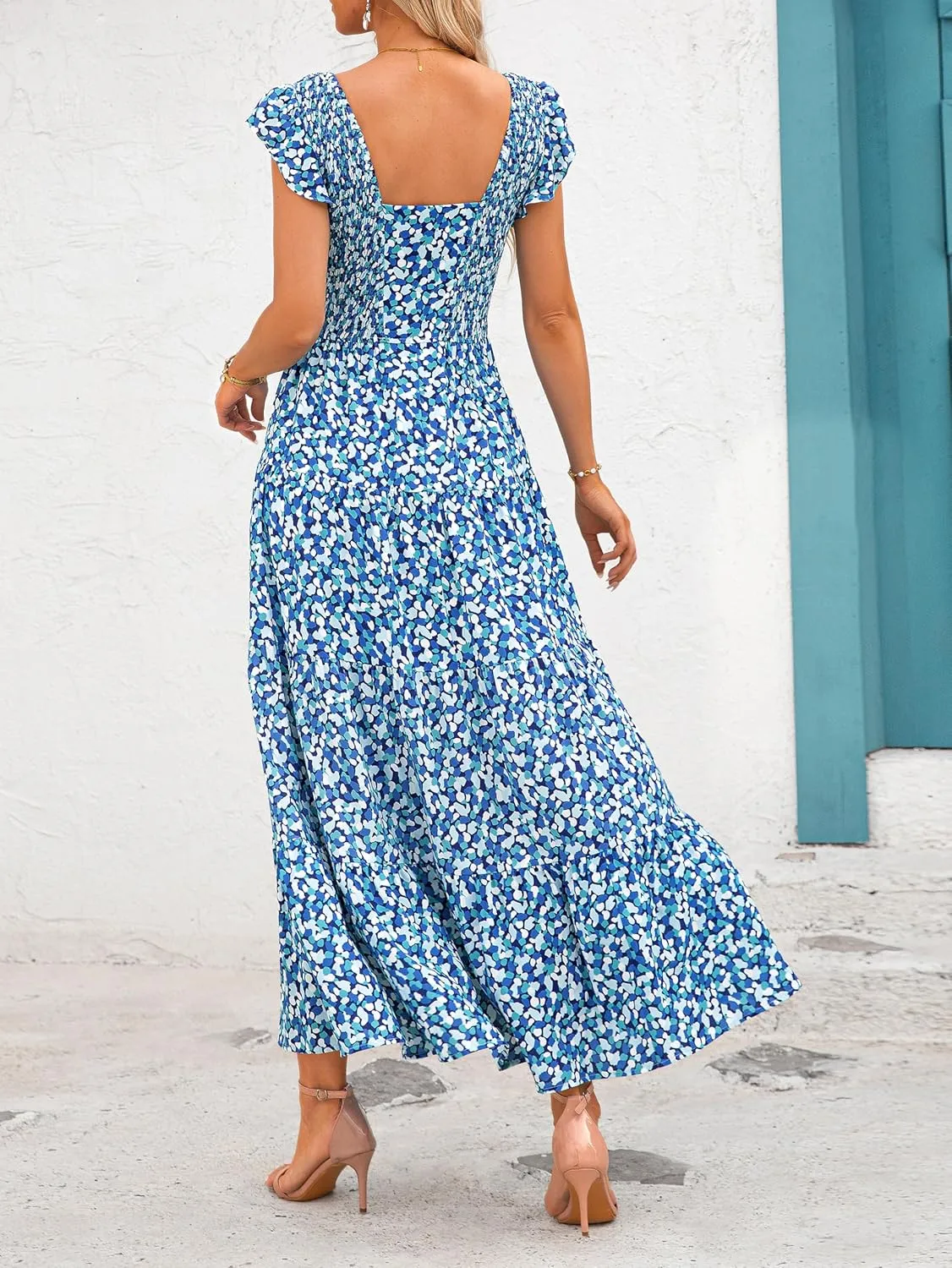 MASCOMODA Women Summer Floral Maxi Dresses 2025 Smocked V Neck Cap Short Sleeve Ruffle Boho Beach Wedding Flowy Long Sundress