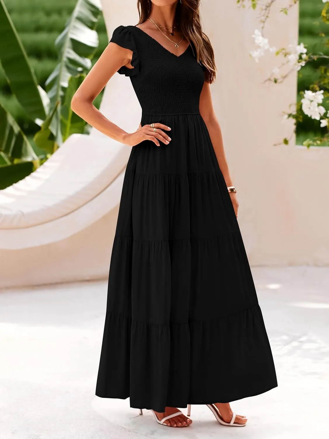MASCOMODA Women Summer Floral Maxi Dresses 2025 Smocked V Neck Cap Short Sleeve Ruffle Boho Beach Wedding Flowy Long Sundress