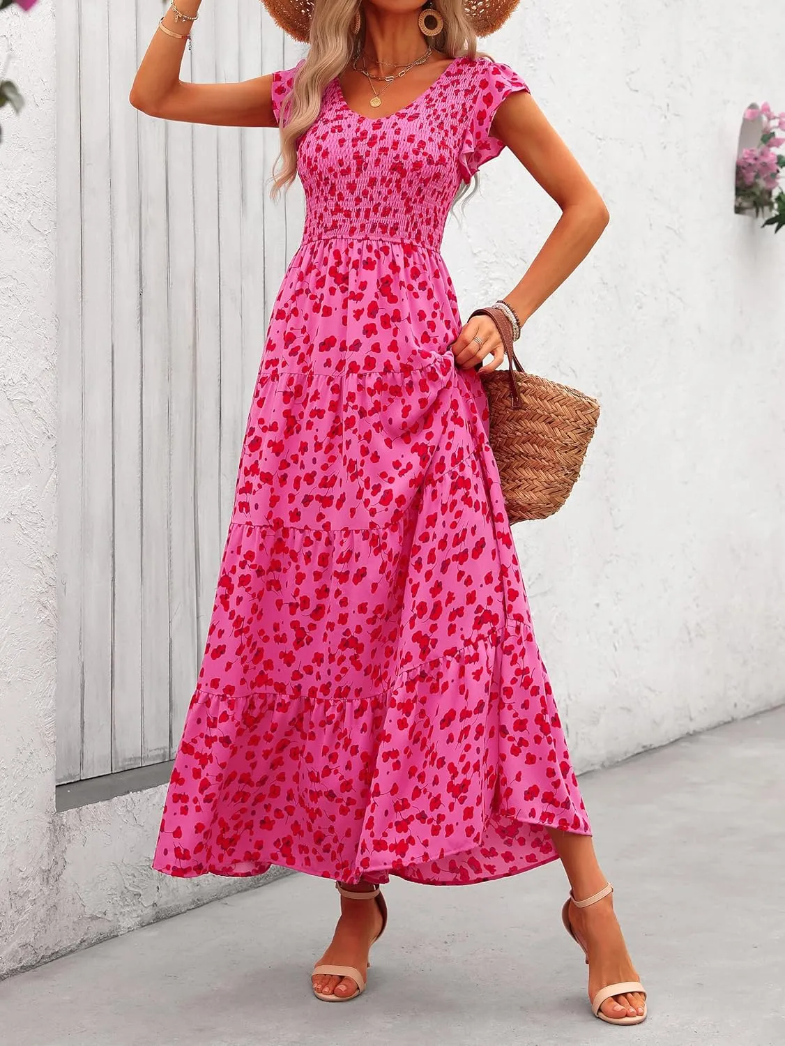MASCOMODA Women Summer Floral Maxi Dresses 2025 Smocked V Neck Cap Short Sleeve Ruffle Boho Beach Wedding Flowy Long Sundress