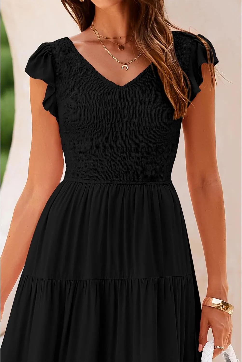 MASCOMODA Women Summer Floral Maxi Dresses 2025 Smocked V Neck Cap Short Sleeve Ruffle Boho Beach Wedding Flowy Long Sundress