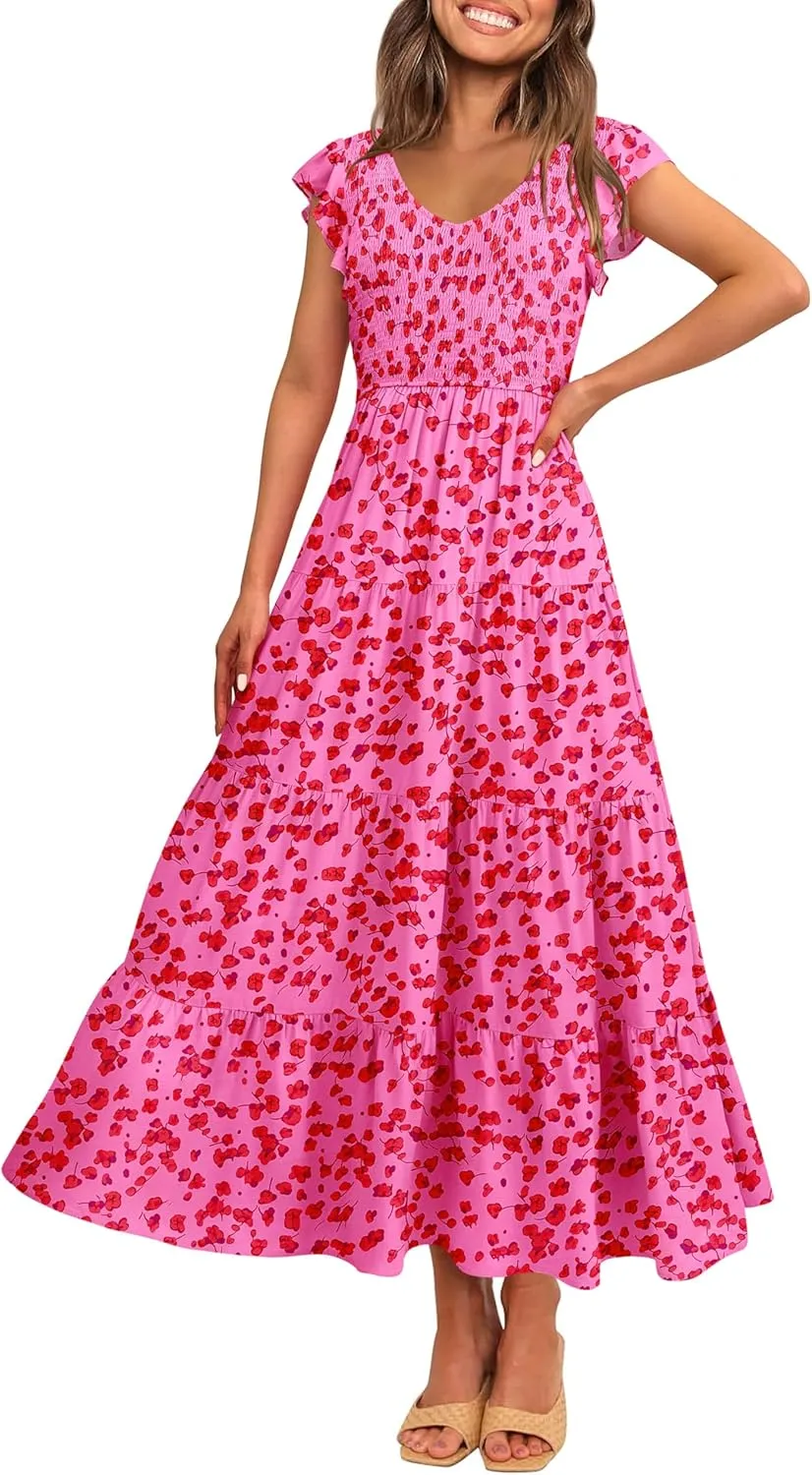 MASCOMODA Women Summer Floral Maxi Dresses 2025 Smocked V Neck Cap Short Sleeve Ruffle Boho Beach Wedding Flowy Long Sundress