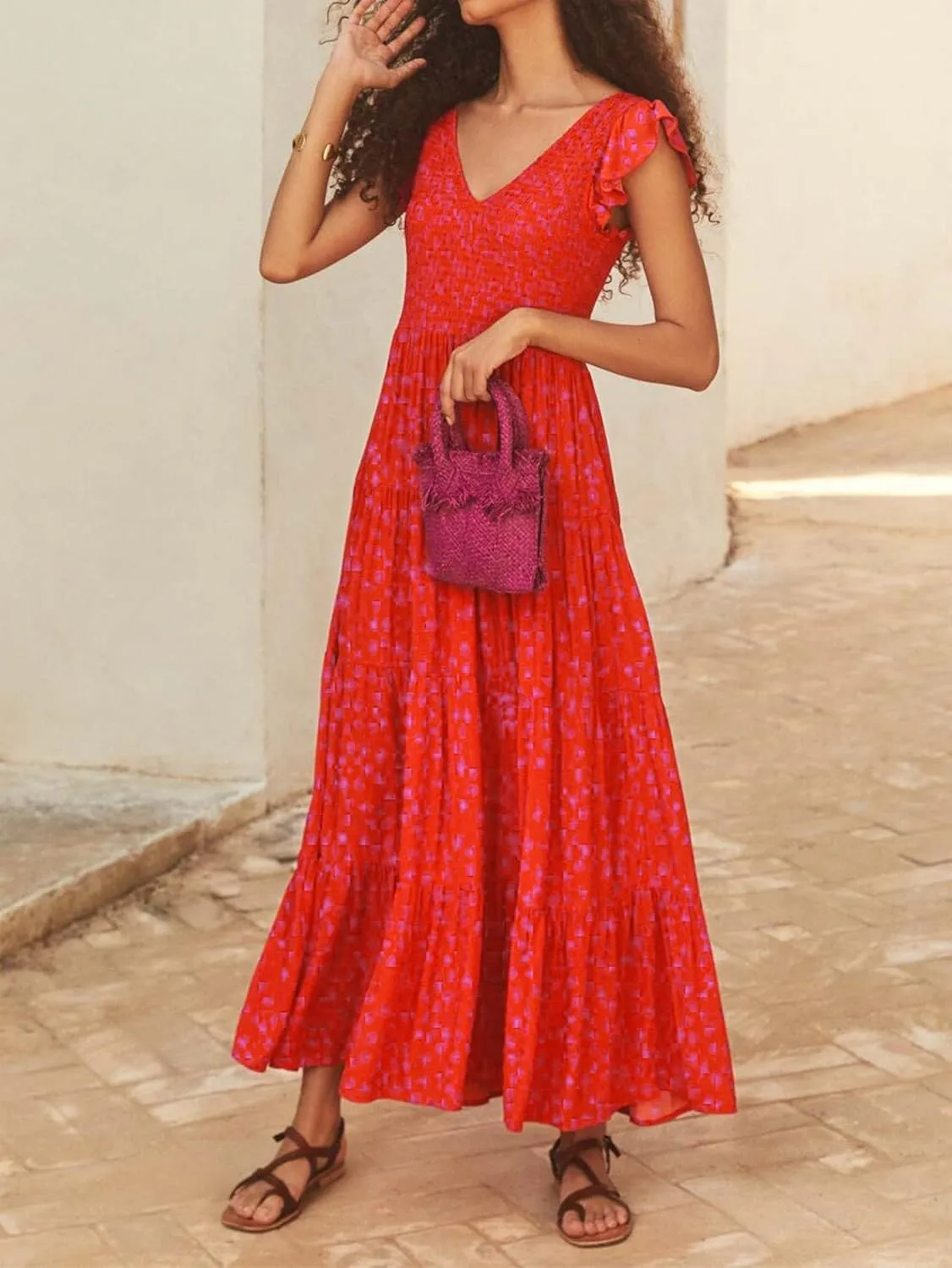 MASCOMODA Women Summer Floral Maxi Dresses 2025 Smocked V Neck Cap Short Sleeve Ruffle Boho Beach Wedding Flowy Long Sundress