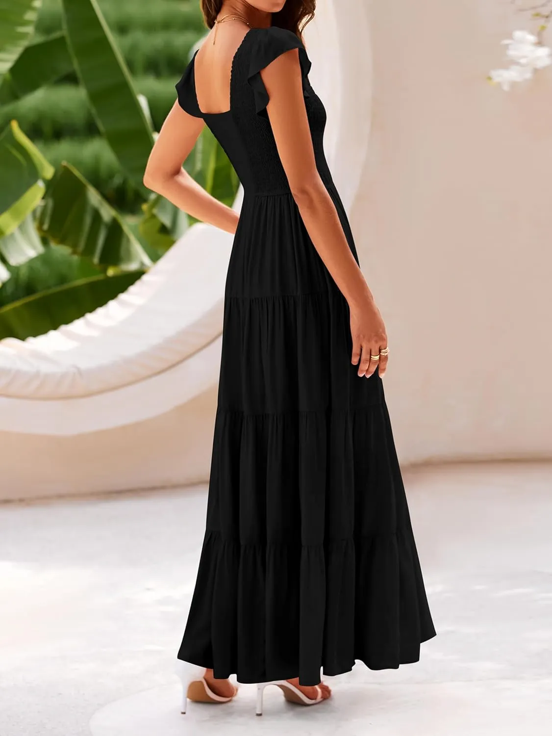MASCOMODA Women Summer Floral Maxi Dresses 2025 Smocked V Neck Cap Short Sleeve Ruffle Boho Beach Wedding Flowy Long Sundress