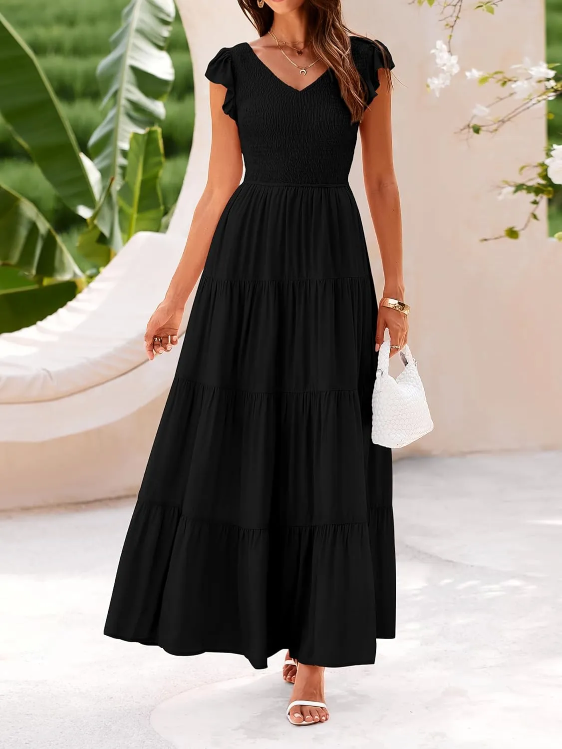 MASCOMODA Women Summer Floral Maxi Dresses 2025 Smocked V Neck Cap Short Sleeve Ruffle Boho Beach Wedding Flowy Long Sundress