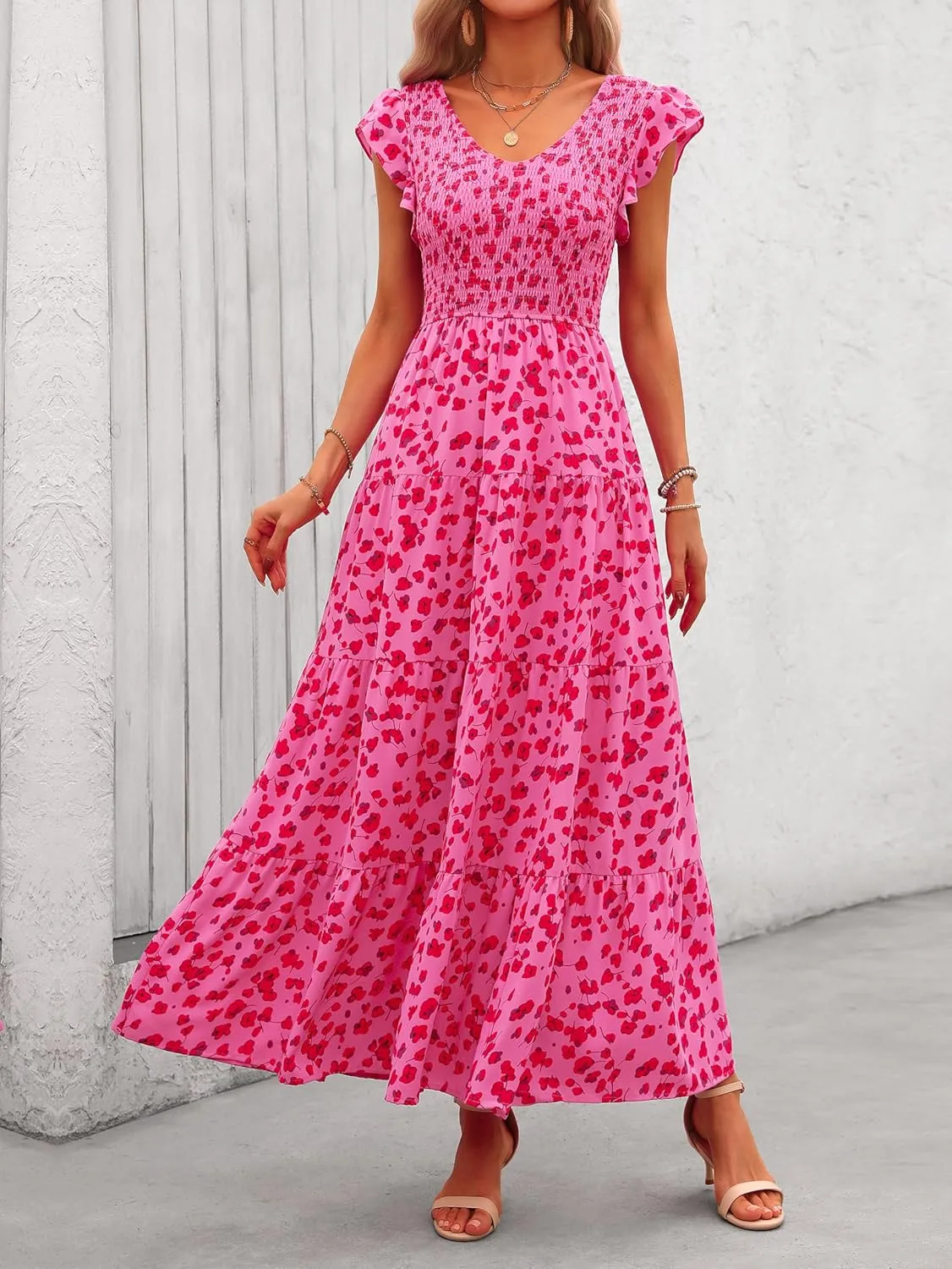 MASCOMODA Women Summer Floral Maxi Dresses 2025 Smocked V Neck Cap Short Sleeve Ruffle Boho Beach Wedding Flowy Long Sundress