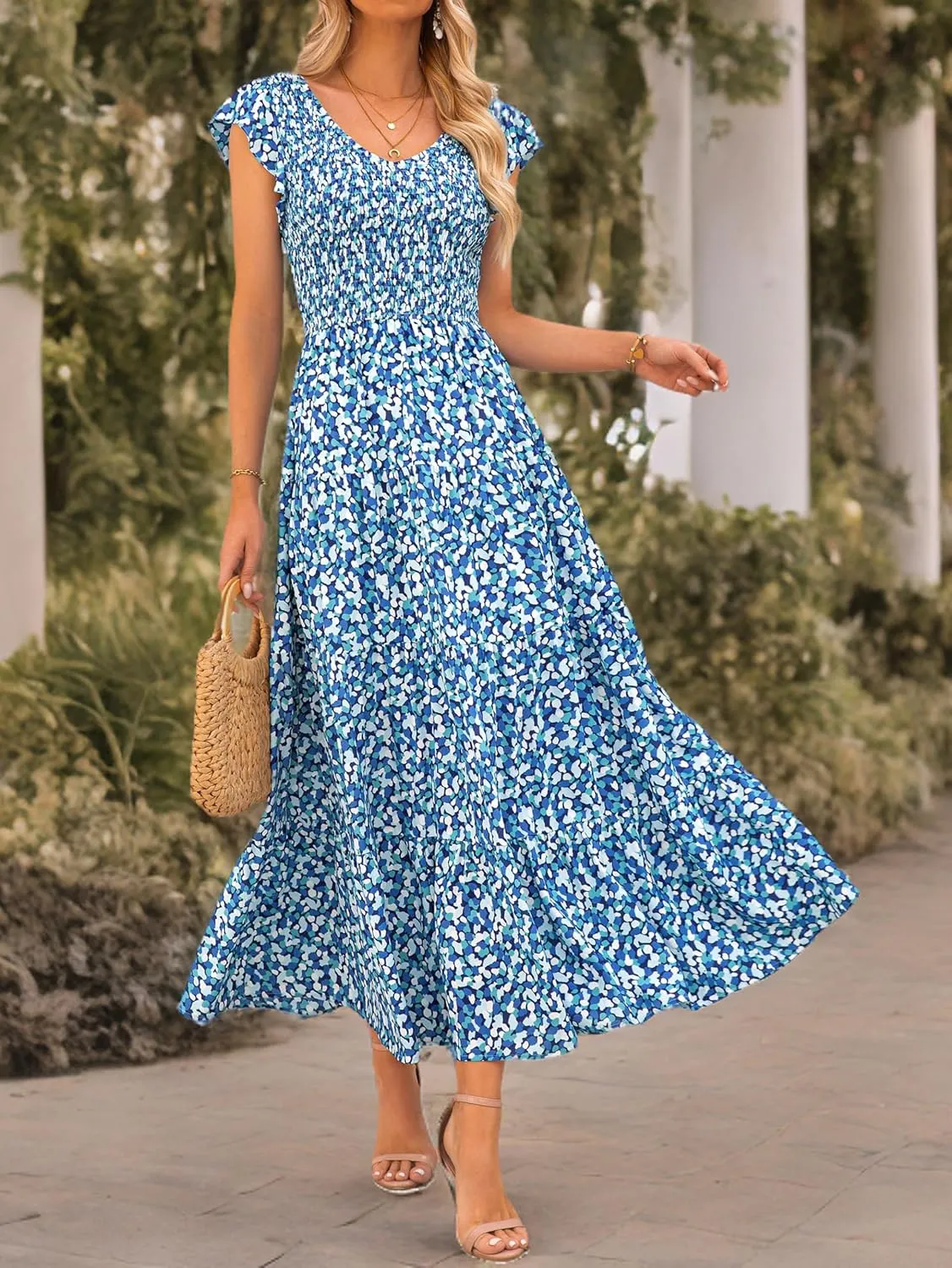MASCOMODA Women Summer Floral Maxi Dresses 2025 Smocked V Neck Cap Short Sleeve Ruffle Boho Beach Wedding Flowy Long Sundress