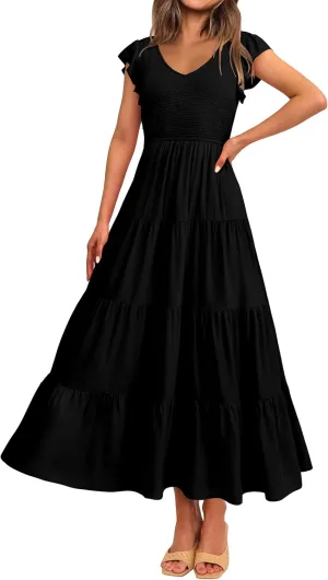 MASCOMODA Women Summer Floral Maxi Dresses 2025 Smocked V Neck Cap Short Sleeve Ruffle Boho Beach Wedding Flowy Long Sundress