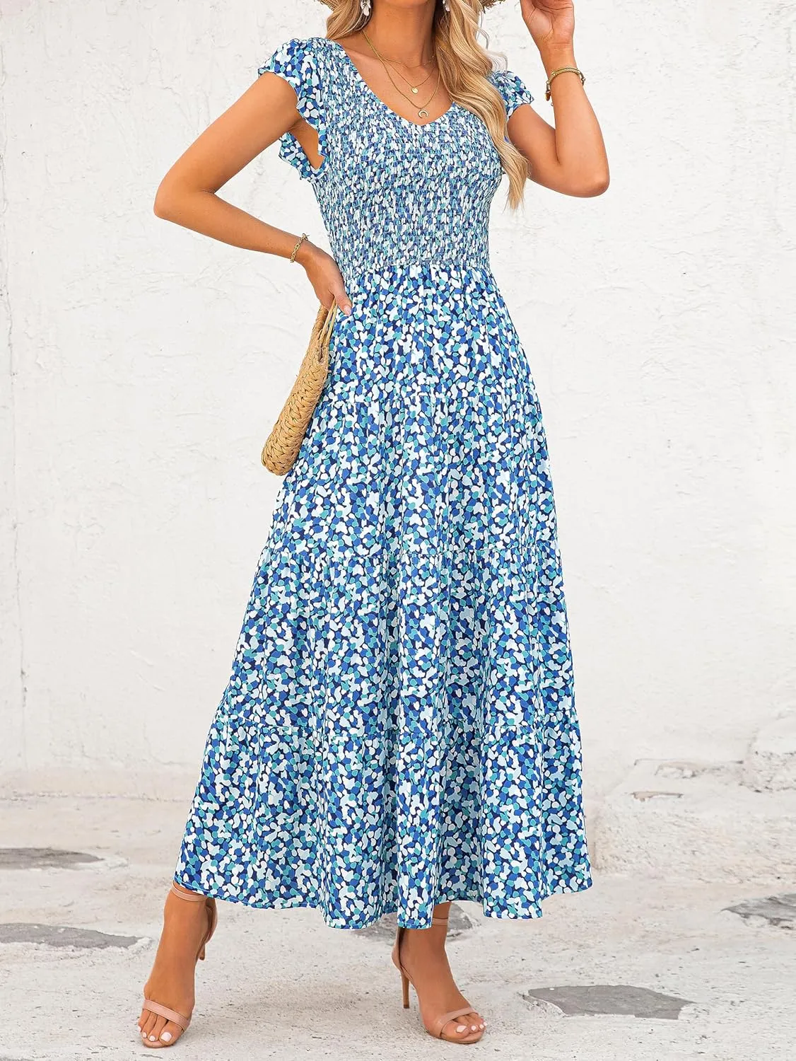 MASCOMODA Women Summer Floral Maxi Dresses 2025 Smocked V Neck Cap Short Sleeve Ruffle Boho Beach Wedding Flowy Long Sundress