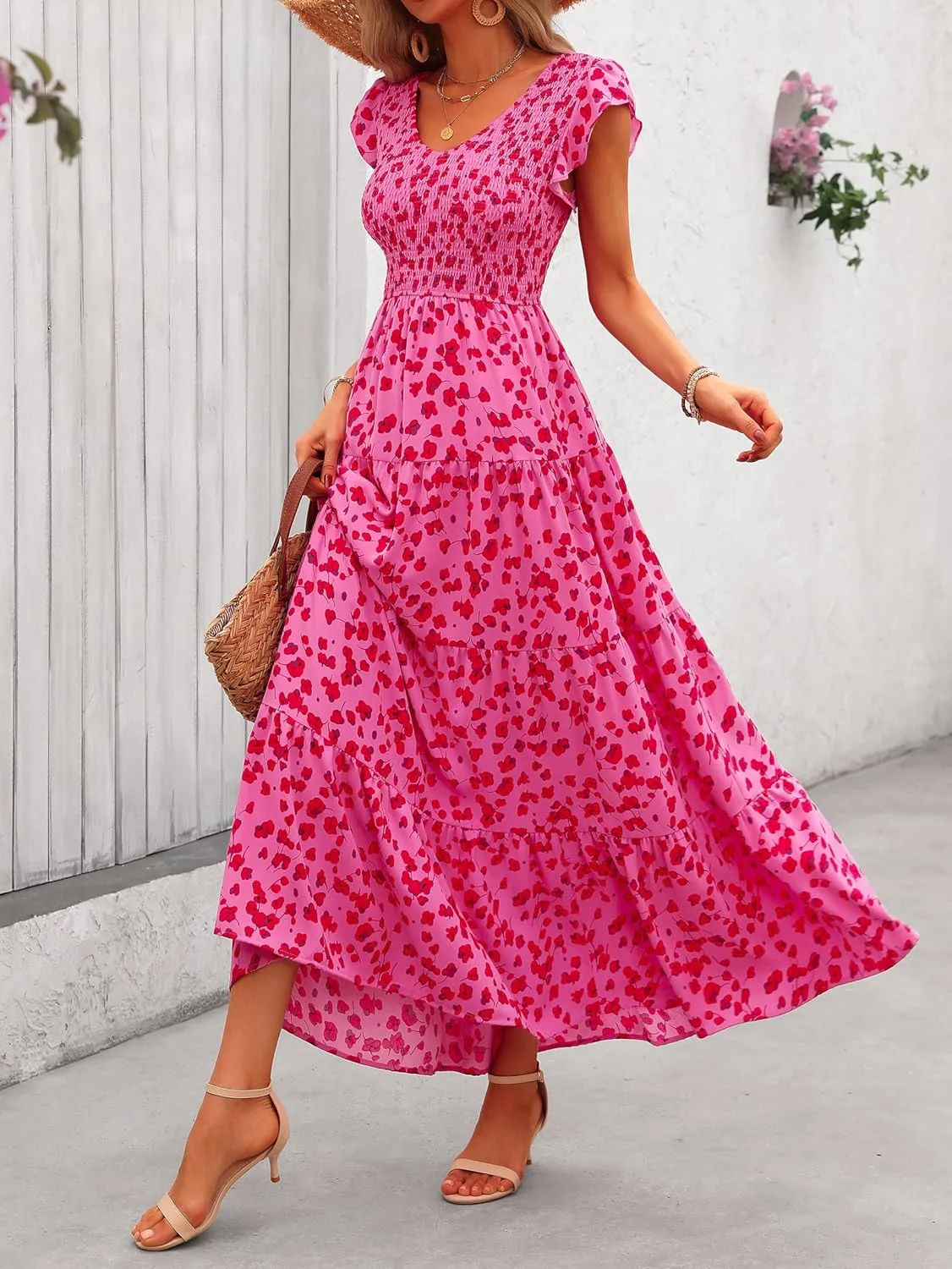 MASCOMODA Women Summer Floral Maxi Dresses 2025 Smocked V Neck Cap Short Sleeve Ruffle Boho Beach Wedding Flowy Long Sundress