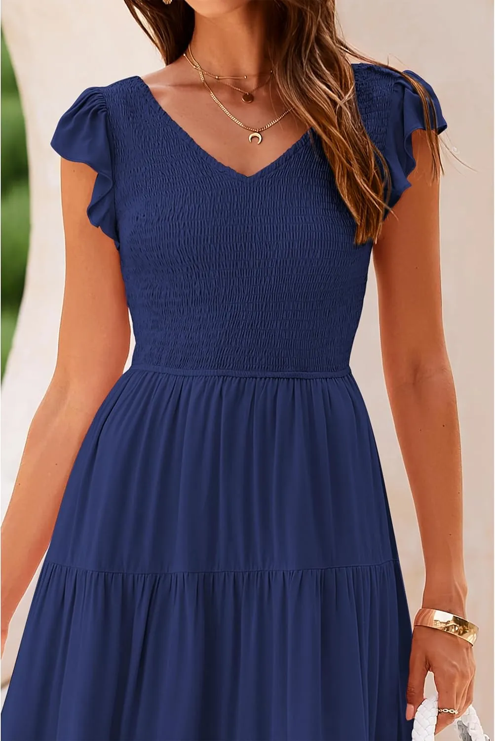 MASCOMODA Women Summer Floral Maxi Dresses 2025 Smocked V Neck Cap Short Sleeve Ruffle Boho Beach Wedding Flowy Long Sundress