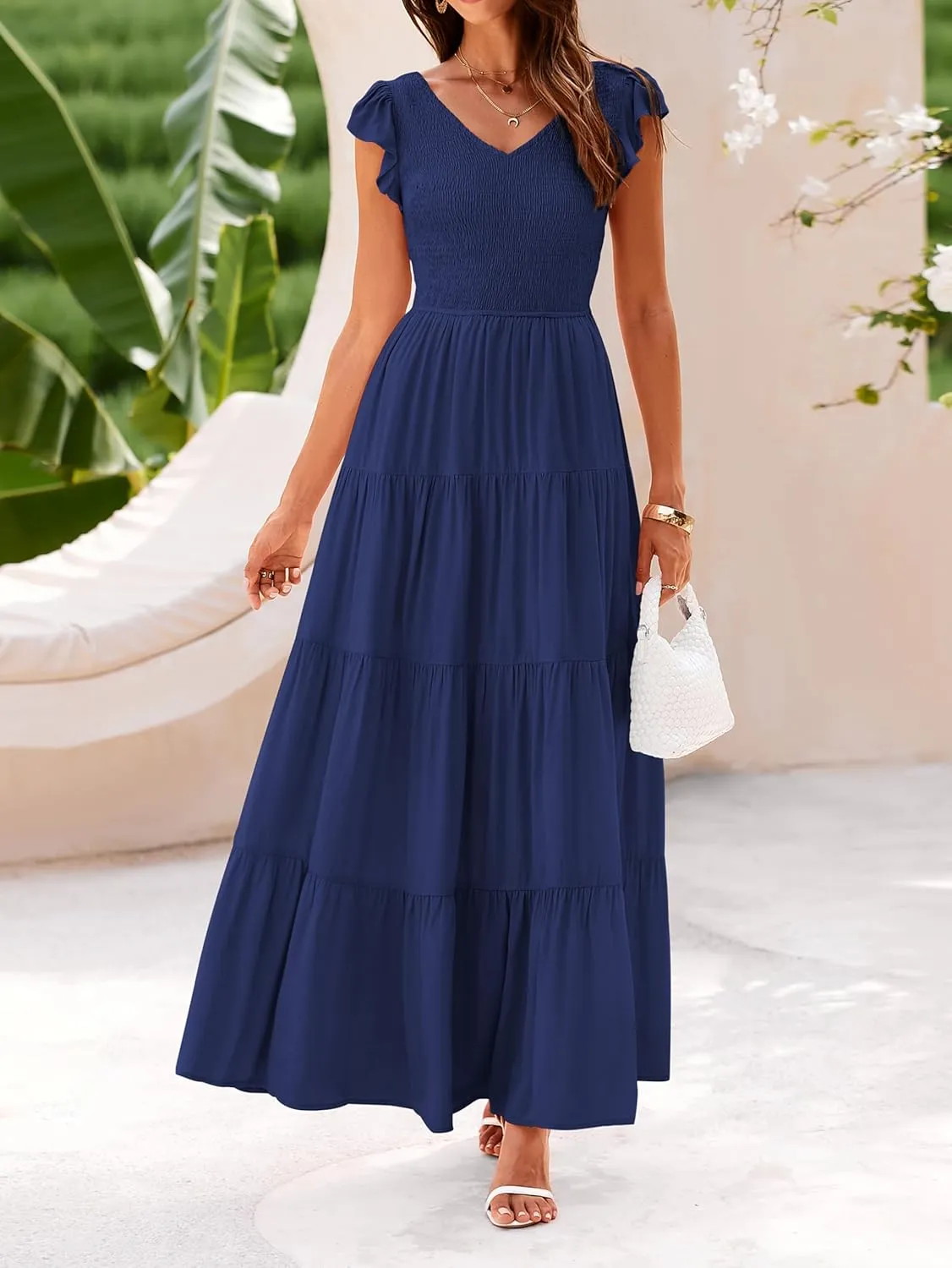 MASCOMODA Women Summer Floral Maxi Dresses 2025 Smocked V Neck Cap Short Sleeve Ruffle Boho Beach Wedding Flowy Long Sundress