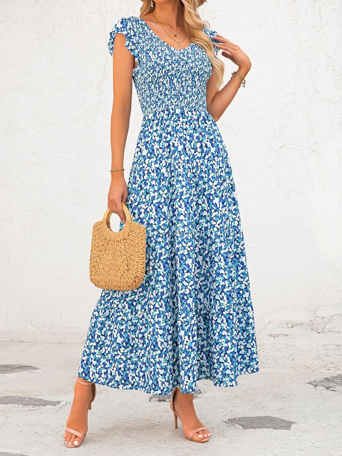 MASCOMODA Women Summer Floral Maxi Dresses 2025 Smocked V Neck Cap Short Sleeve Ruffle Boho Beach Wedding Flowy Long Sundress