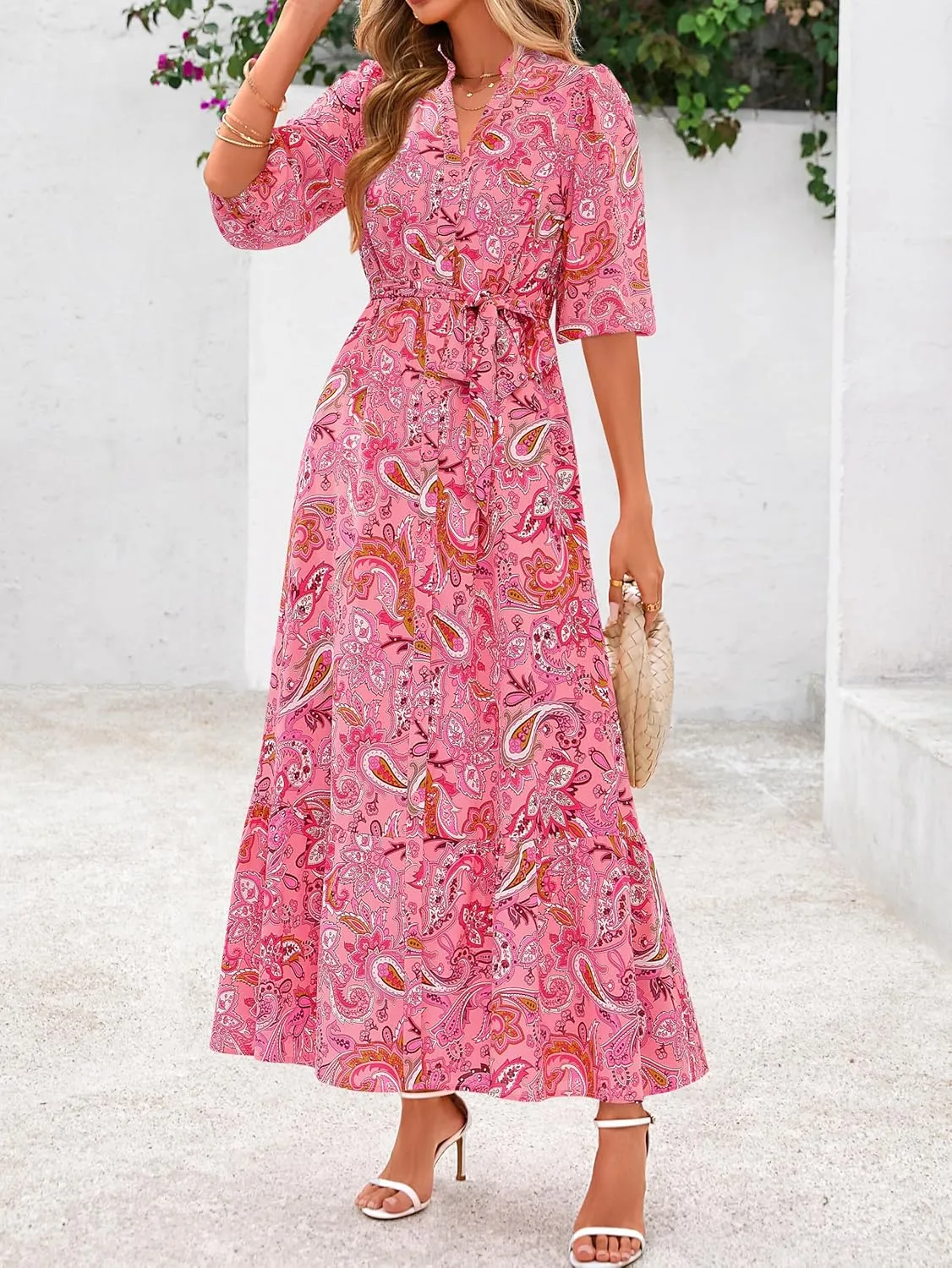 MASCOMODA Womens Floral Maxi Dresses Boho Summer Casual V Neck 3/4 Puff Sleeve Button Down Tie Waist Long Flowy Shirt Dress