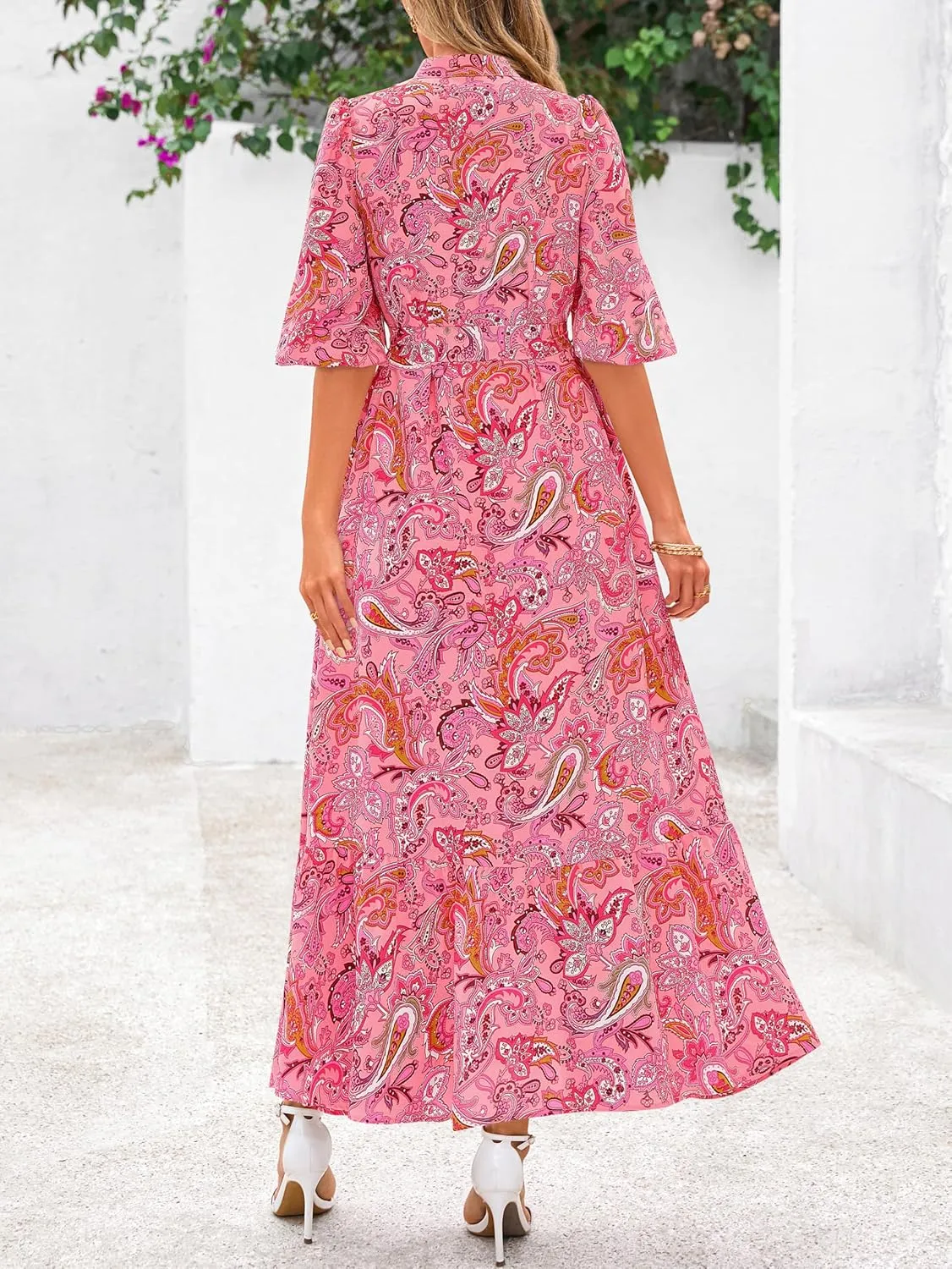 MASCOMODA Womens Floral Maxi Dresses Boho Summer Casual V Neck 3/4 Puff Sleeve Button Down Tie Waist Long Flowy Shirt Dress