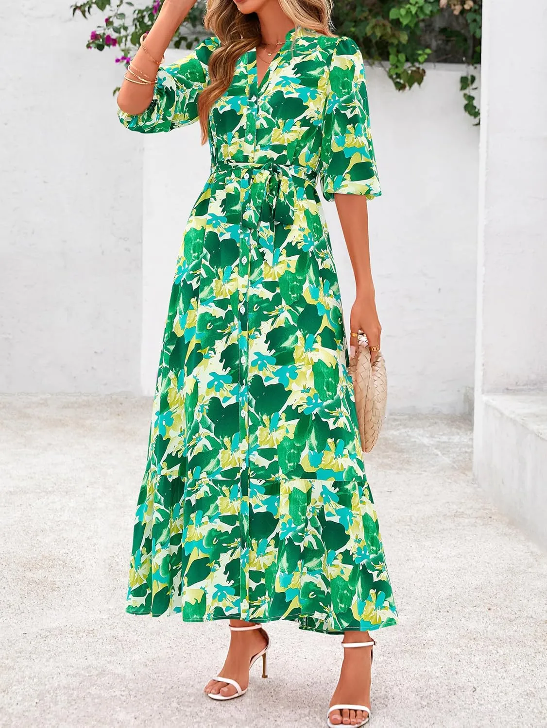 MASCOMODA Womens Floral Maxi Dresses Boho Summer Casual V Neck 3/4 Puff Sleeve Button Down Tie Waist Long Flowy Shirt Dress