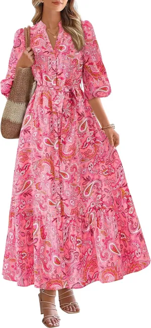 MASCOMODA Womens Floral Maxi Dresses Boho Summer Casual V Neck 3/4 Puff Sleeve Button Down Tie Waist Long Flowy Shirt Dress